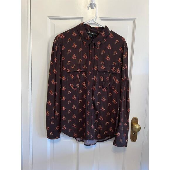 NWT Something Navy Brown Floral Orange Button Up Blouse Women's S Pocket Utility - Picture 3 of 10